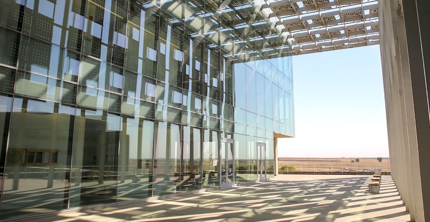Sunlight shining into the corridor outside the SE2 building on the UC Merced campus is pictured.