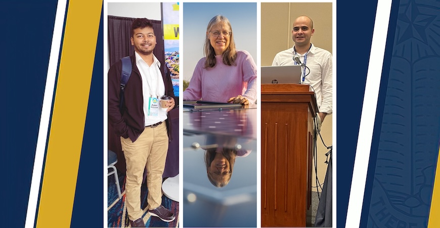 Lab members Zabir Mahmud and Farzan ZareAfifi are pictured on either side of electrical engineering Professor Sarah Kurtz.