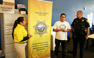 Members of the UC Merced Police Department quiz campus community members about services and programs their department provides. 