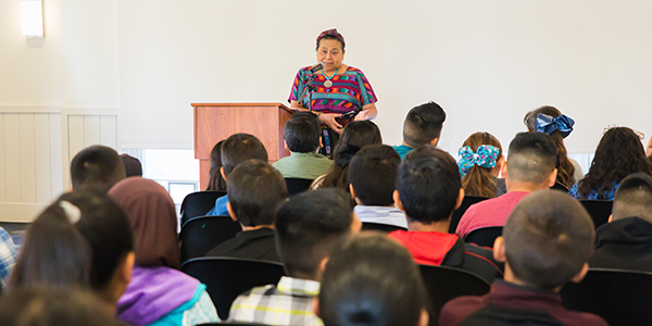 Rigoberta Menchú Tum speaks with fifth graders from Planada Elementary about what inspires her.